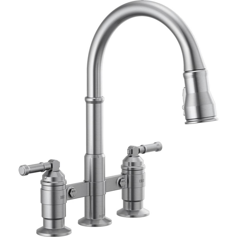 Bathworks ShowroomsDelta CanadaBroderick™ Two Handle Pull-Down Bridge Kitchen Faucet
