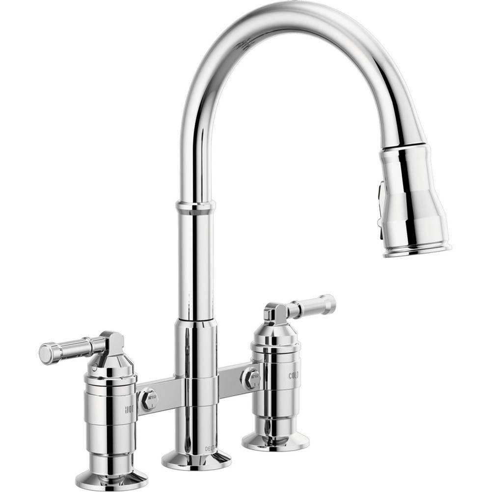 Bathworks ShowroomsDelta CanadaBroderick™ Two Handle Pull-Down Bridge Kitchen Faucet