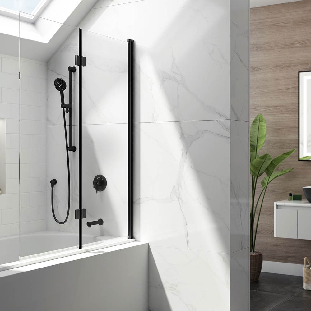 Bathworks ShowroomsKaliaFLIP™ 90° 2-panel Frameless Pivot Bath shield 46'''' x 56'' Matte Black Clear Glass