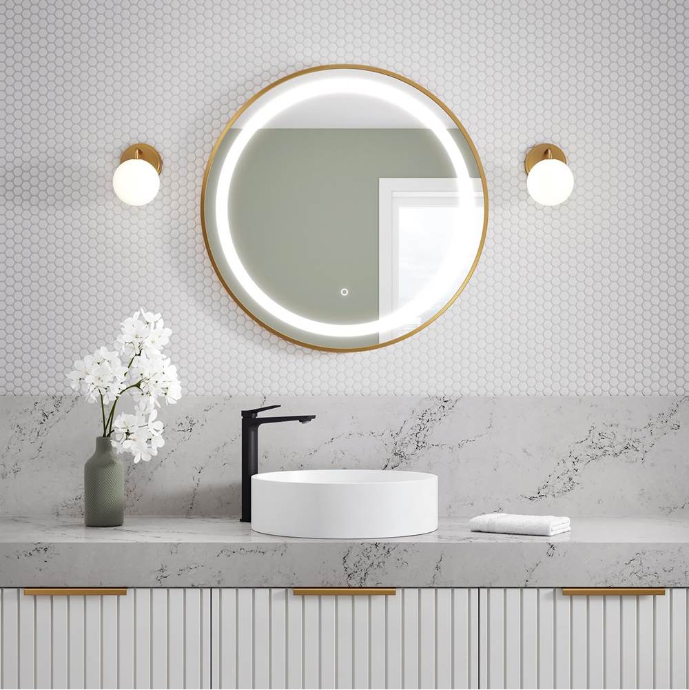 Bathworks ShowroomsKaliaEFFECT LED Illuminated Round Mirror with Frosted Strip, Brushed Gold Frame and Touch-Switch for Color Temperature Control 30'' x 1 5/8''