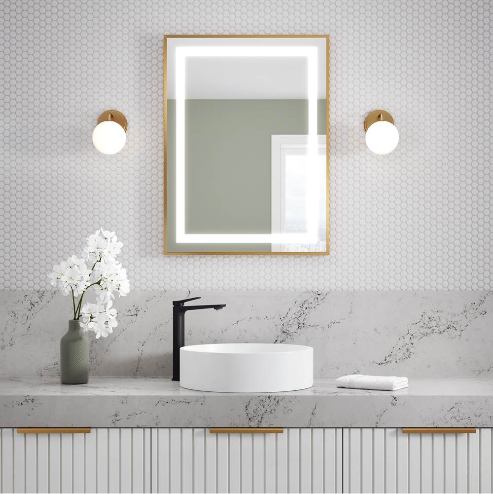 Bathworks ShowroomsKaliaEFFECT LED Illuminated Rectangular Mirror with Frosted Strip, Brushed Gold Frame and Touch-Switch for Color Temperature Control 24'' x 32'' x 1 5/8''