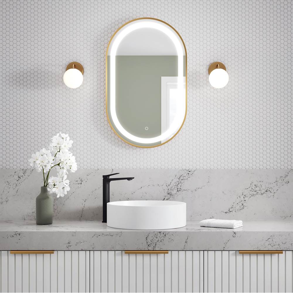 Bathworks ShowroomsKaliaEFFECT Oblong LED Illuminated Brushed Gold Frame Mirror with Frosted Strip and Touch-Switch for Color Temperature Control 20'' x 32'' x 1 3/4''