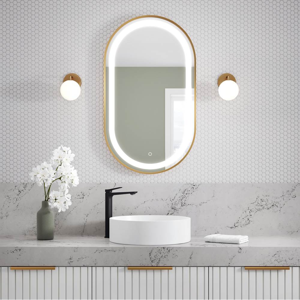 Bathworks ShowroomsKaliaEFFECT Oblong LED Illuminated Brushed Gold Frame Mirror with Frosted Strip and Touch-Switch for Color Temperature Control 22'' x 38'' x 1 3/4''