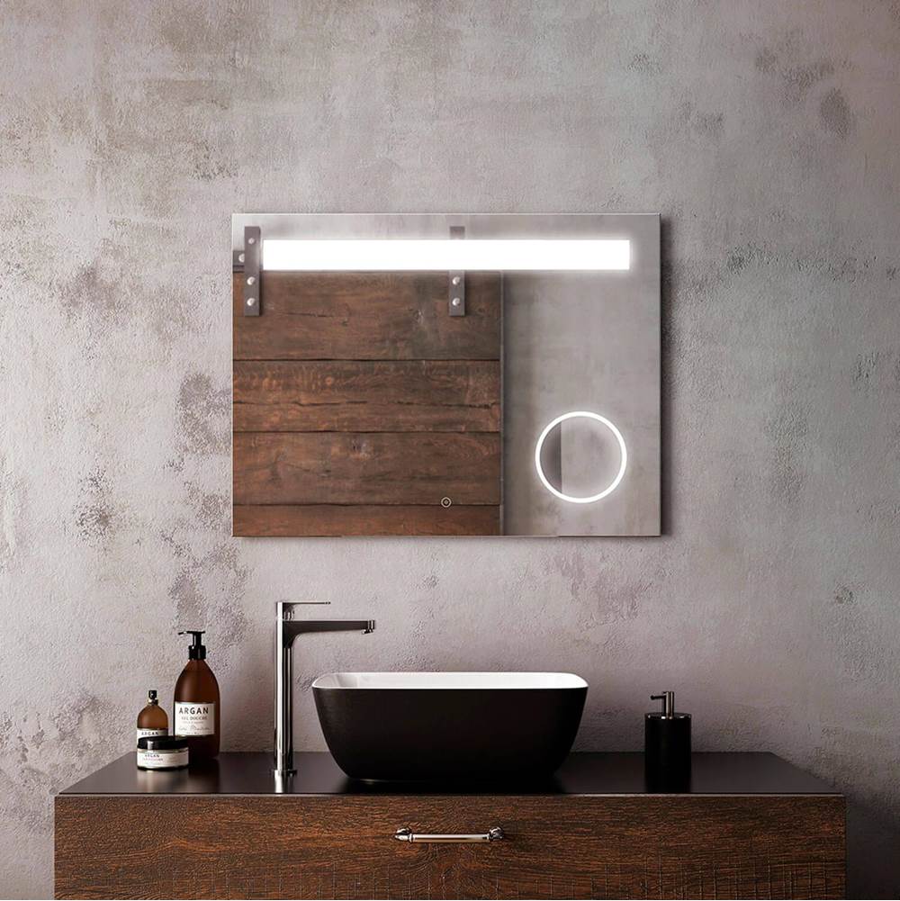 Bathworks ShowroomsKaliaEMBLEM Rect. LED Lighting Mirror 32 x 24 With Frosted Horizontal Strip and 3X Magnifying Mirror and 2-Tones Touch Switch