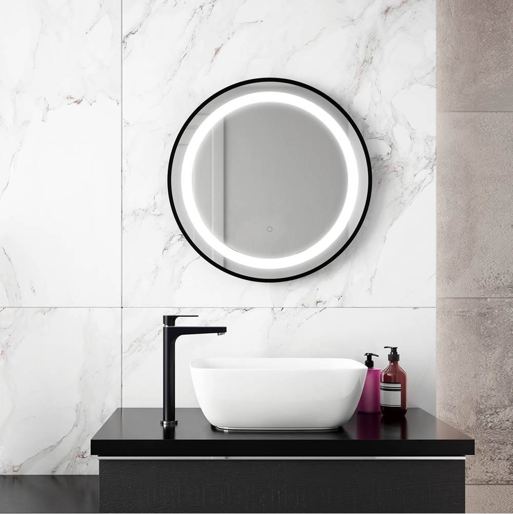 Bathworks ShowroomsKaliaEFFECT LED Illuminated Round Mirror with Frosted Strip, Black Frame and Touch-Switch for Color Temperature Control Ø24 x 1 5/8
