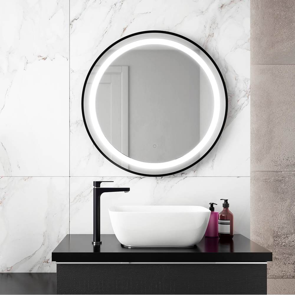 Bathworks ShowroomsKaliaEFFECT LED Illuminated Round Mirror with Frosted Strip, Black Frame and Touch-Switch for Color Temperature Control Ø30 x 1 5/8