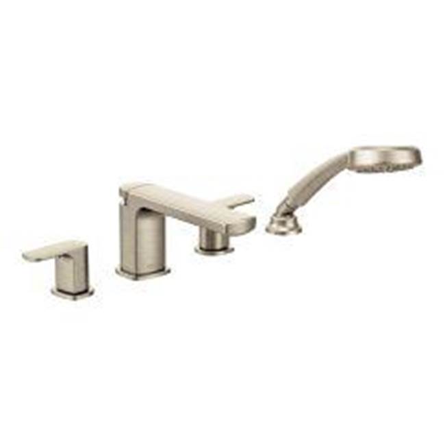 Bathworks ShowroomsMoen CanadaRizon Brushed Nickel Two-Handle Low Arc Roman Tub Faucet Includes Hand Shower