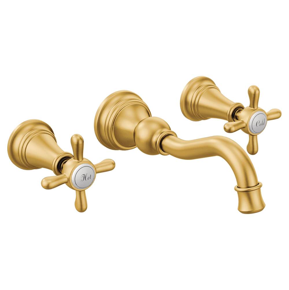 Bathworks ShowroomsMoen CanadaWeymouth Brushed Gold Two-Handle High Arc Wall Mount Bathroom Faucet