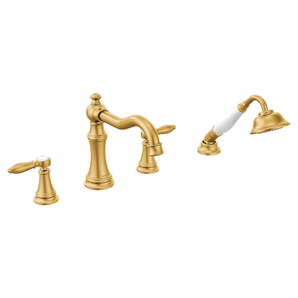 Bathworks ShowroomsMoen CanadaWeymouth Brushed Gold Two-Handle Diverter Roman Tub Faucet Includes Hand Shower