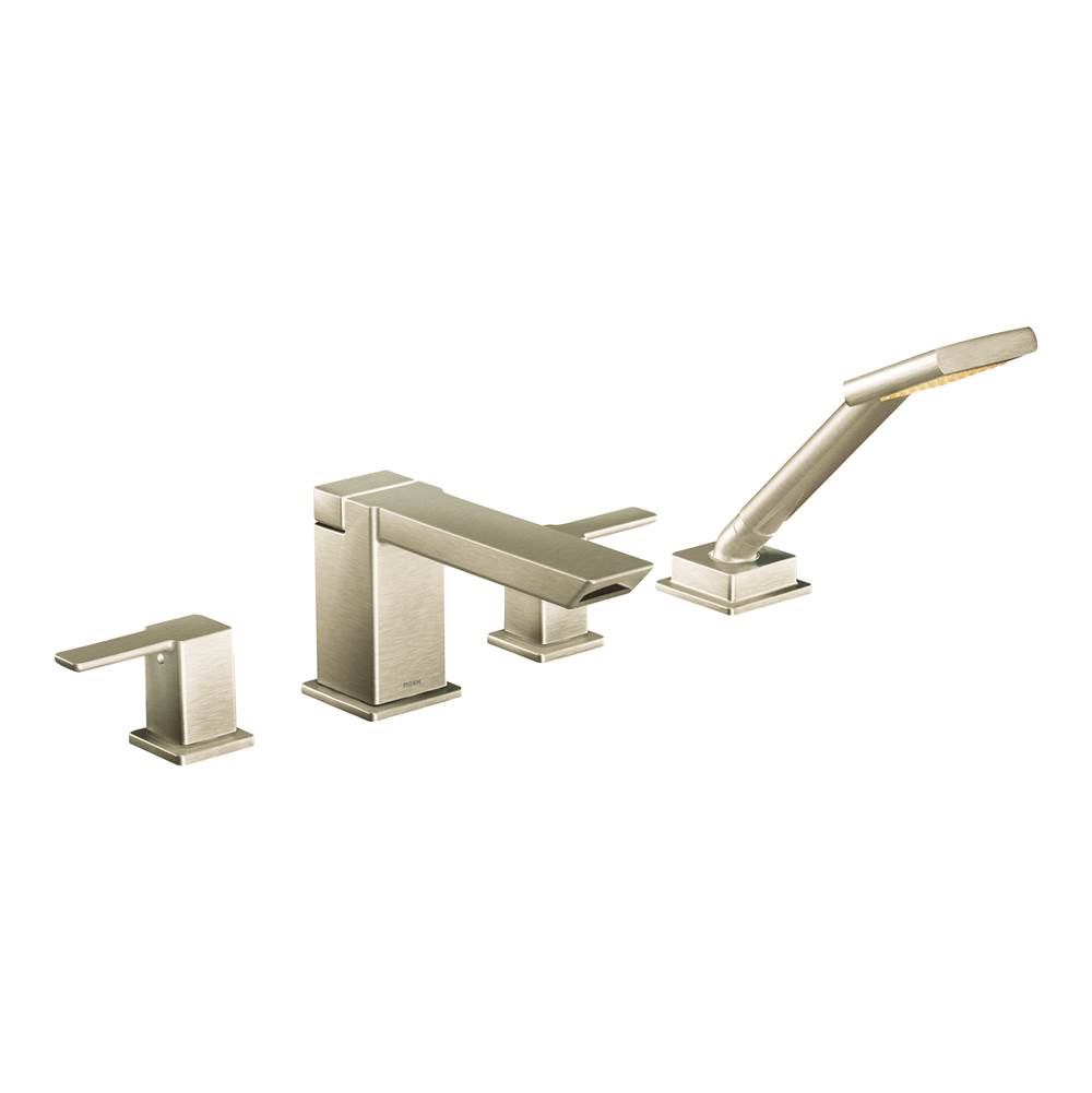 Bathworks ShowroomsMoen Canada90 Degree Brushed Nickel Two-Handle High Arc Roman Tub Faucet Includes Hand Shower