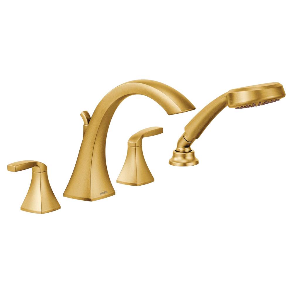 Bathworks ShowroomsMoen CanadaVoss Brushed Gold Two-Handle High Arc Roman Tub Faucet Includes Hand Shower