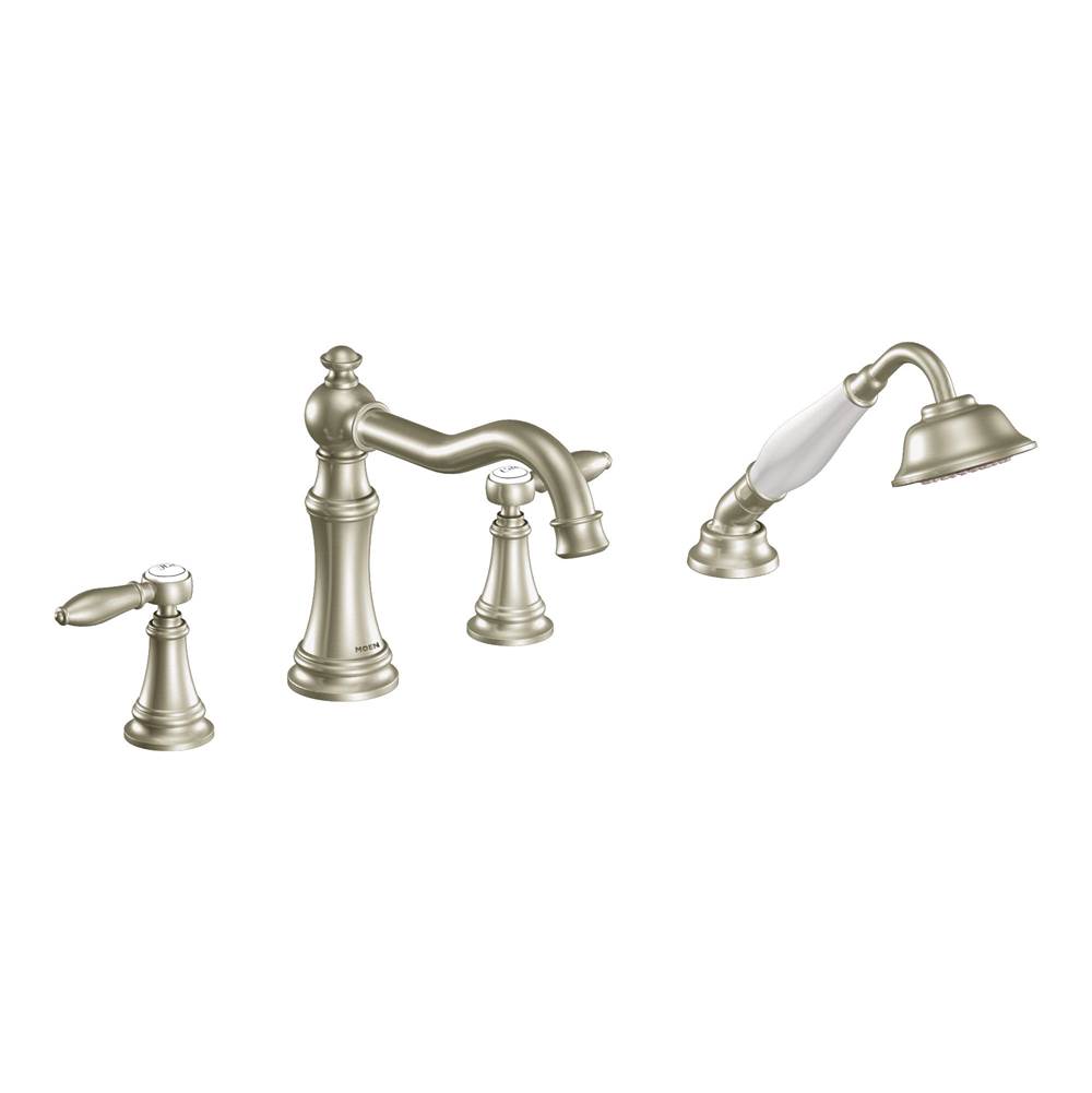 Bathworks ShowroomsMoen CanadaWeymouth Brushed Nickel Two-Handle Diverter Roman Tub Faucet Includes Hand Shower