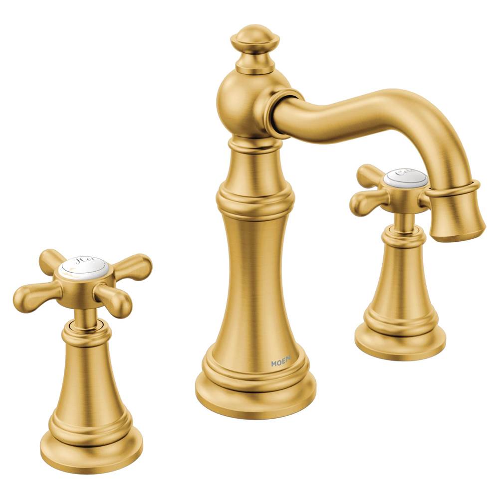 Bathworks ShowroomsMoen CanadaWeymouth Brushed Gold Two-Handle High Arc Bathroom Faucet