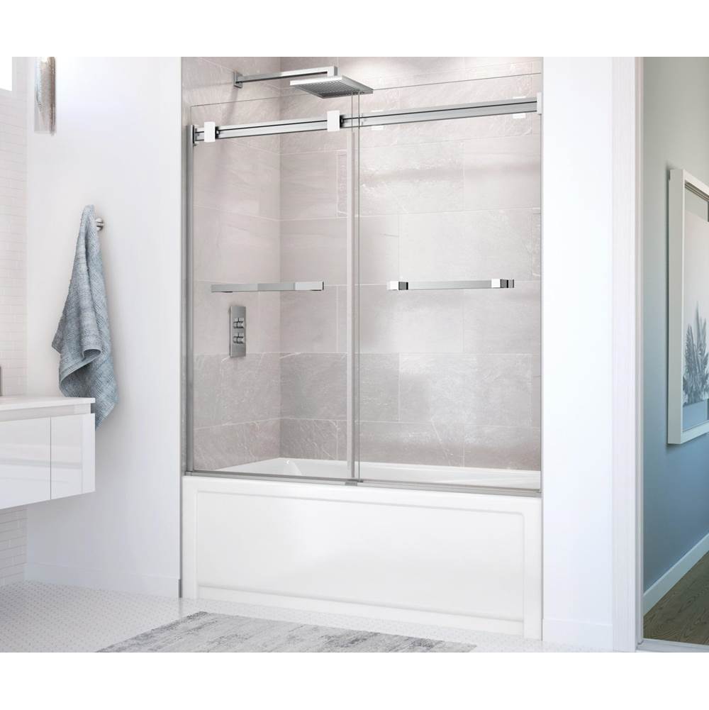 Bathworks ShowroomsMaax CanadaDuel 56-59 x 55 1/2 x 59 in. 8 mm Bypass Tub Door for Alcove Installation with Clear glass in Chrome & Matte White