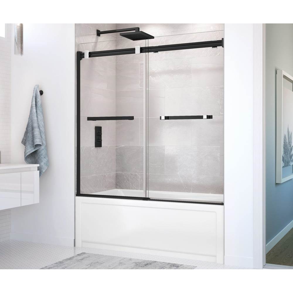 Bathworks ShowroomsMaax CanadaDuel 56-59 x 55 1/2 x 59 in. 8 mm Bypass Tub Door for Alcove Installation with Clear glass in Matte Black & Chrome