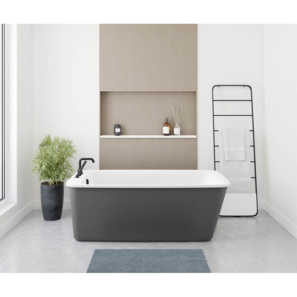 Bathworks ShowroomsMaax CanadaLounge 6434 Acrylic Freestanding End Drain Bathtub in White with Thundey Grey Skirt