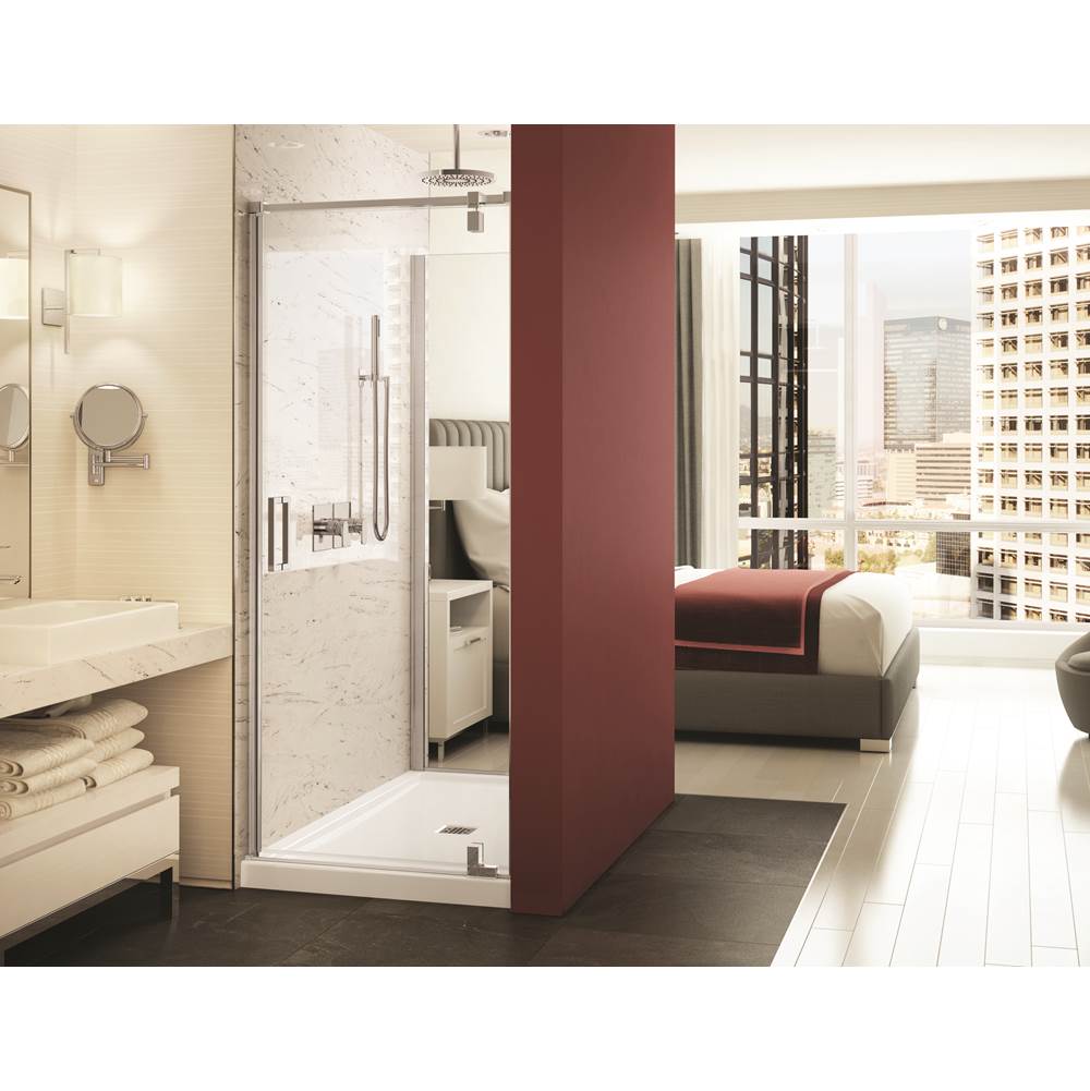 Bathworks ShowroomsMaax CanadaModulR 32 in. x 78 in. Pivot Tunnel Shower Door with Clear Glass in Brushed Nickel