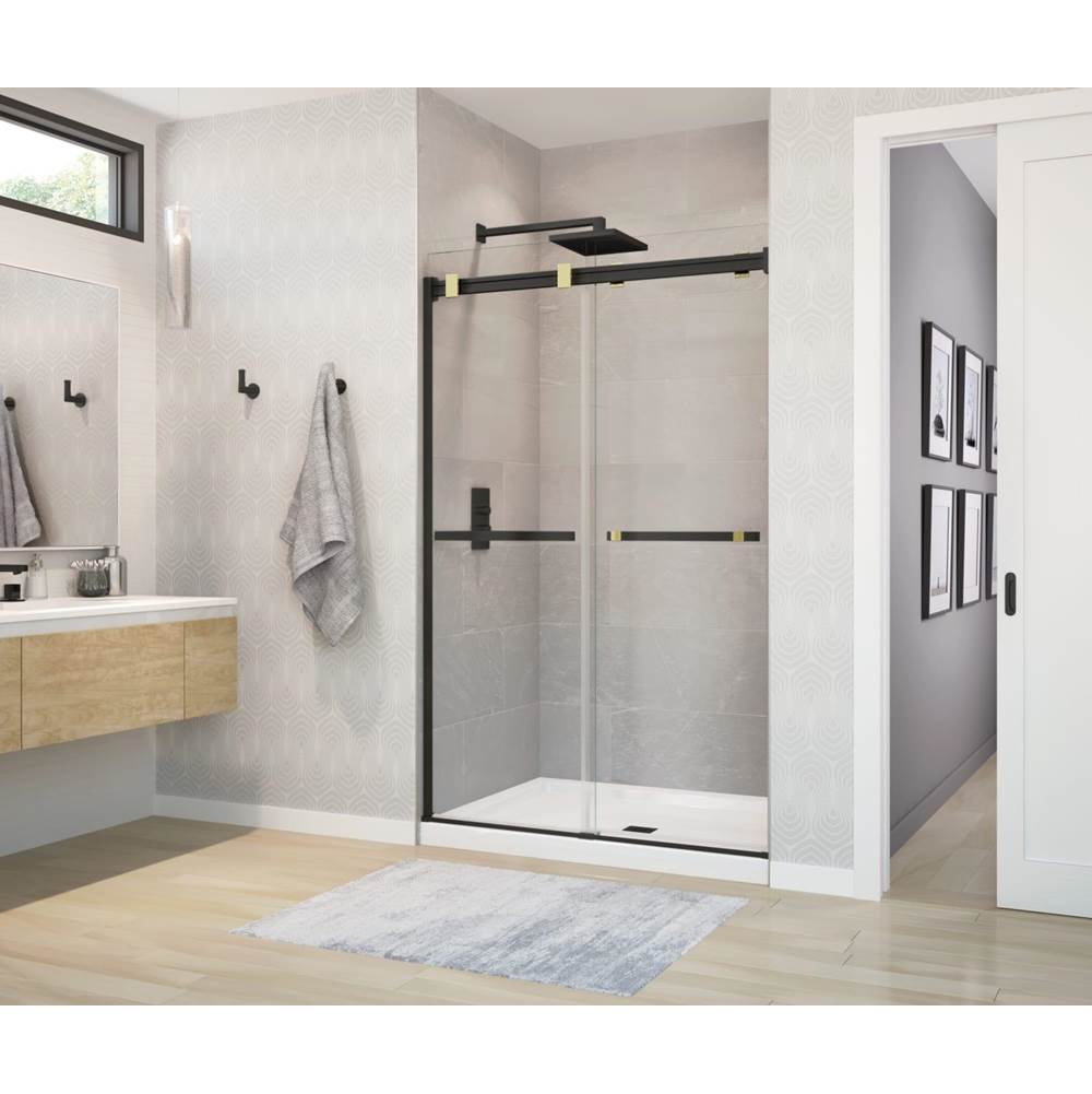 Bathworks ShowroomsMaax CanadaDuel 44-47 x 70 1/2-74 in. 8 mm Bypass Shower Door for Alcove Installation with Clear glass in Matte Black & Brushed Gold